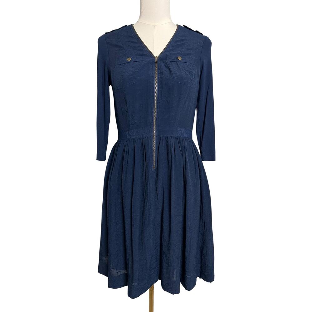 Parameter Fit & Flare Shirt Dress Womens 4 Blue Zip Front 3/4 Sleeve Knee Length